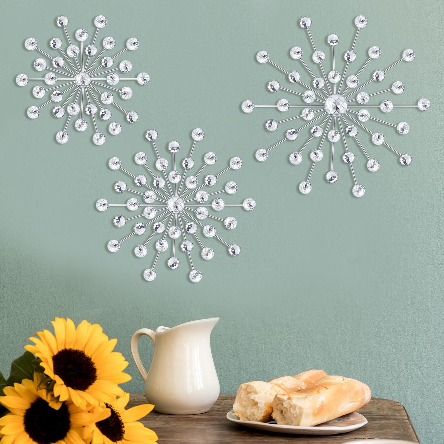 Barydat 6 Pcs Metal Starburst Wall Decor Bling Crystal Wall Art Rhinestone Sunburst Home Decoration No Punch Starburst Hanging Diamond Accents for Living Room Bedroom(25cm, 20cm, 15cm,Silver)
