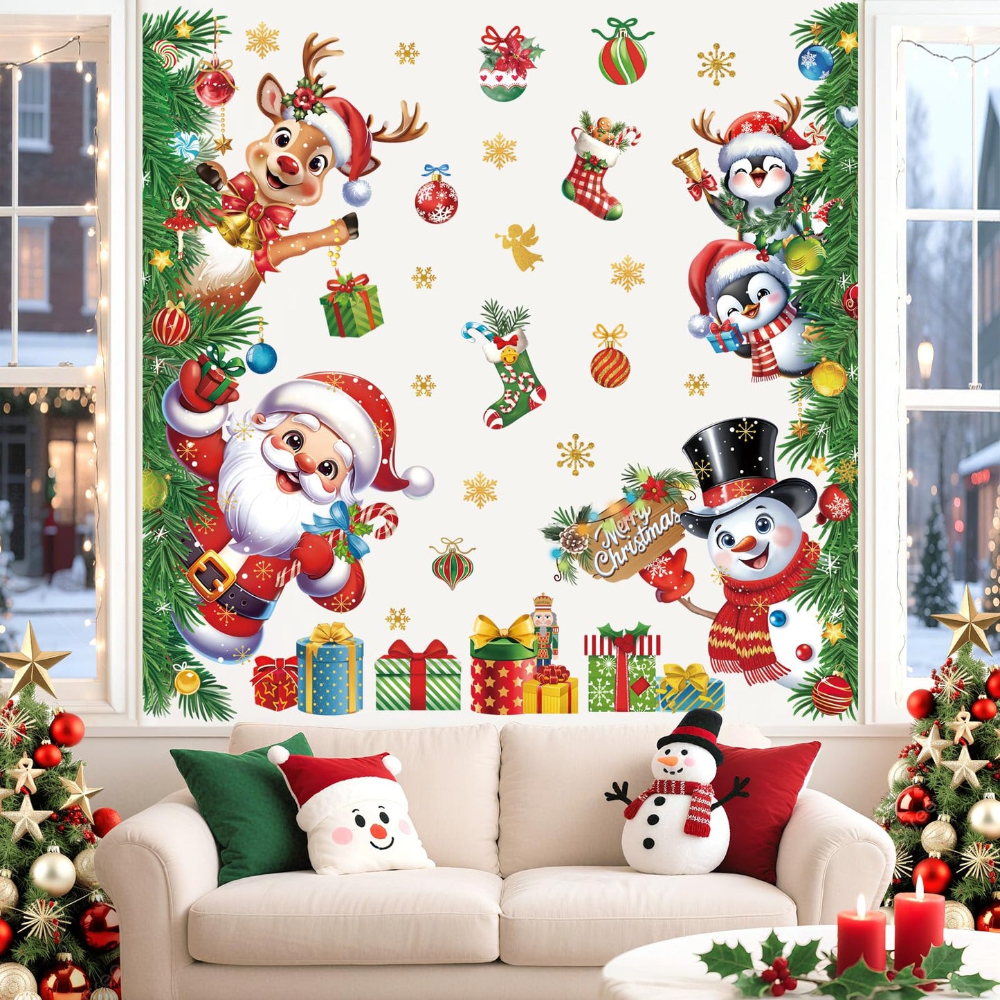 wondever 3D Christmas Santa Claus Reindeer Wall Stickers Snowman Penguin Snowflakes Peel and Stick Wall Art Decals for Window Xmas Home Party
