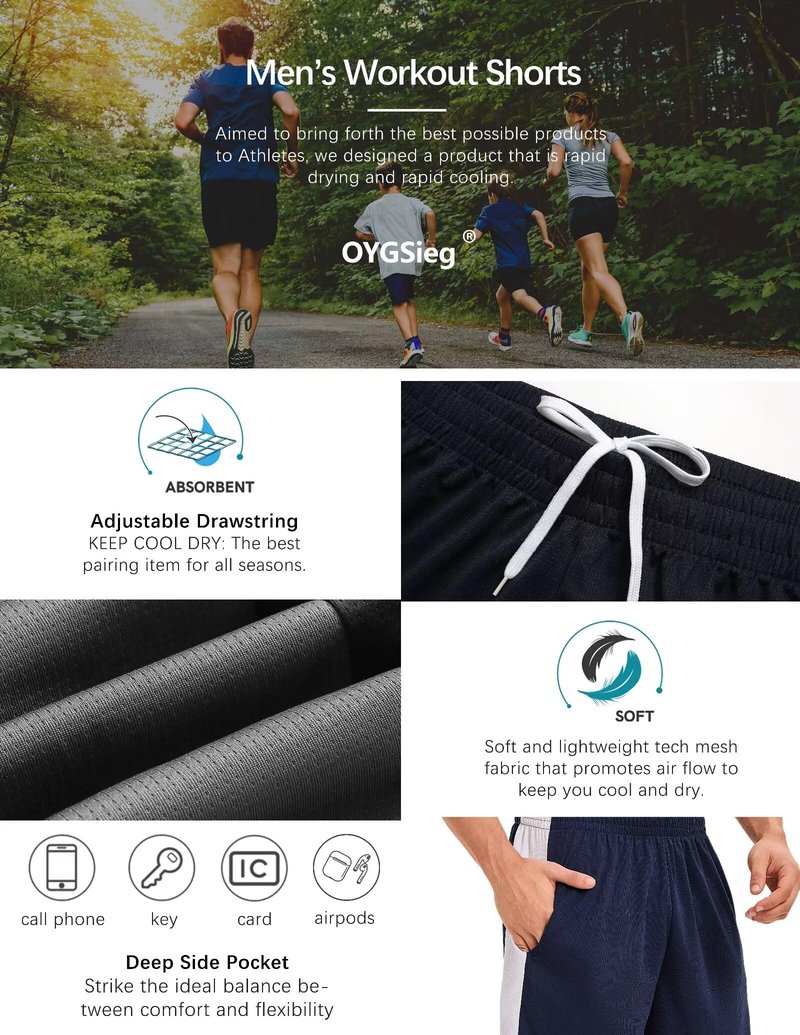 OYGSieg 6 Pack Mens Mesh Athletic Basketball Shorts Gym Shorts with Pockets, Quick Dry Workout Running Shorts Casual for Men L