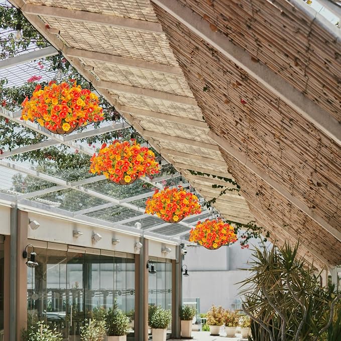 Florielle Artificial Hanging Faux Flowers Basket, Fake Silk Petunias Plants Arrangement,for Summer Fall Outdoor Decoration,UV Resistant, Morning Glorias,for Home Garden Decor (Orange&Yellow)