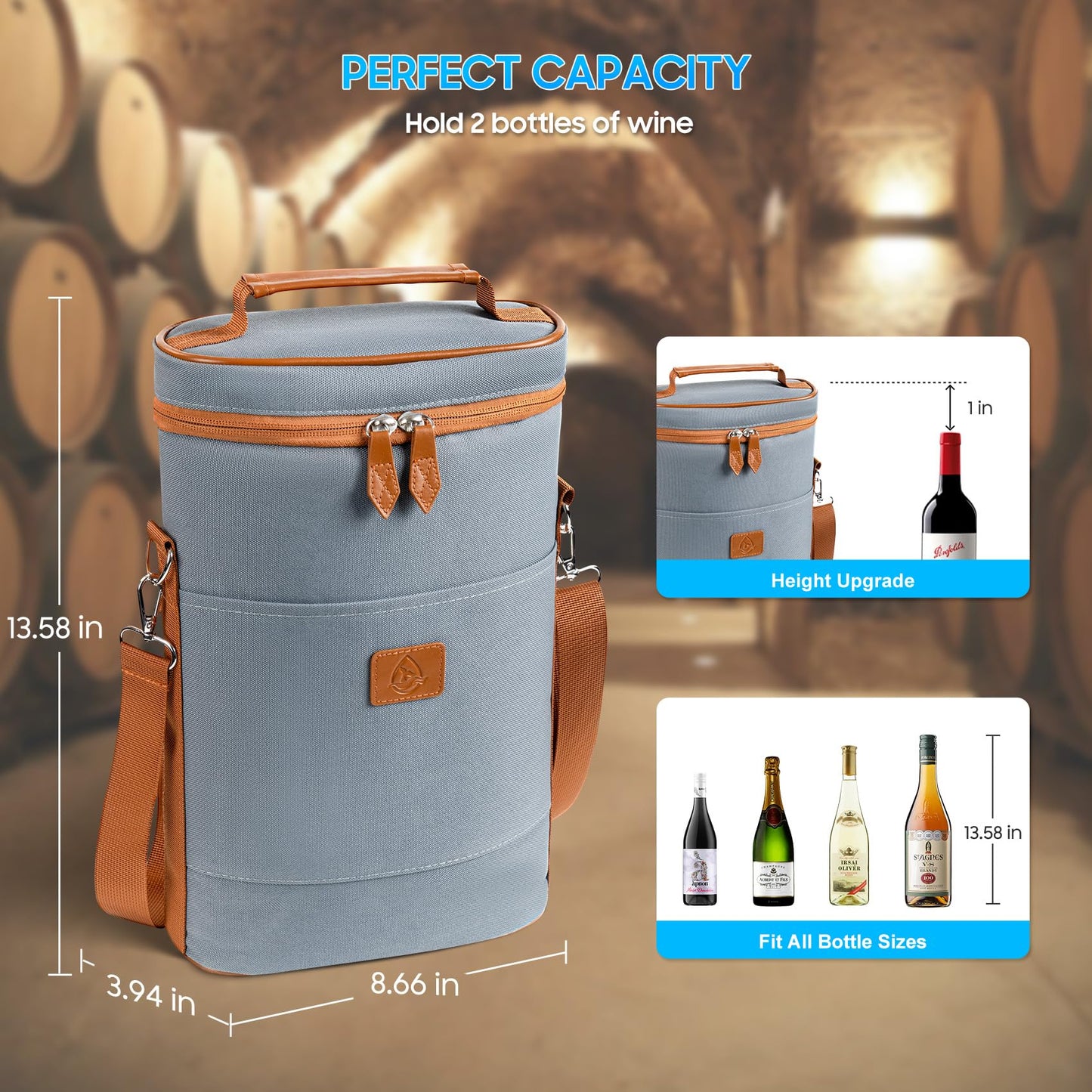 Waxed Canvas Wine Bag Tote for Wine Enthusiast , Insulated Wine Carrier Cooler Travel & Picnics Holds 2 Tall Bottles, Includes Ice Pack Chilling Reusable Tote Bag for Wine Gifts & Outdoor Gatherings