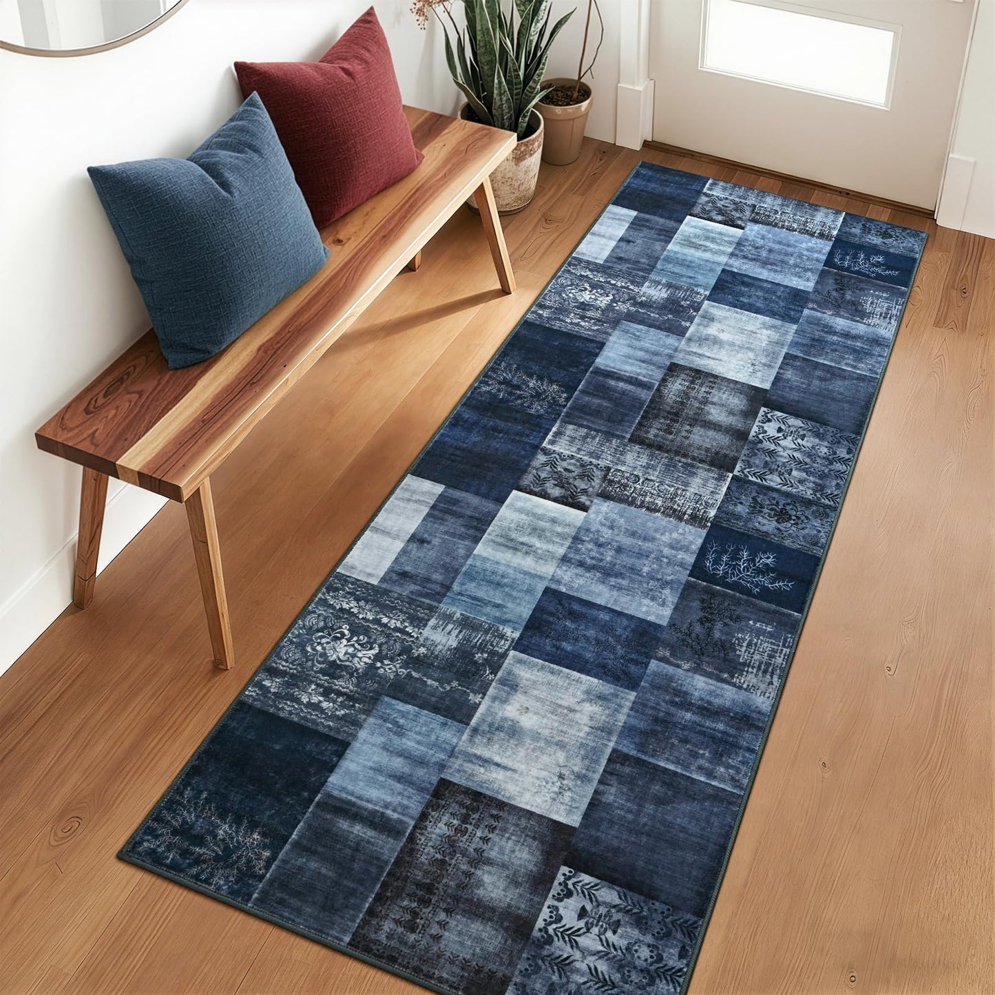 DweIke Runner Rug for for Hallways, 2'x6' Washable Kitchen Rugs with Non Slip Rubber Backing, Soft Low Pile Non-Shedding Geometric Carpet for Laundry Bedroom Bathroom, Navy Blue