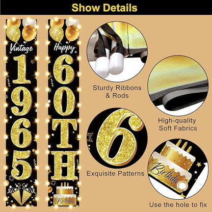 60th Birthday Party Banner Lighted Decorations for Men Women - Black Gold 1965 Birthday Decorations Door Banners with LED Light, Sixty Years Birthday Party Supplies for Indoor Outdoor Decor