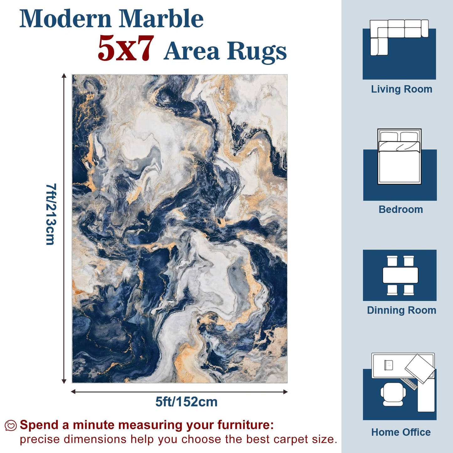Yinhua Marble Rug 5x7, Blue and Gold Washable Rug Non Slip, Soft Faux Wool Modern Rugs Non Shedding, Low Pile Abstract Area Rugs Non Skid, Stain Resistant Floor Carpet for Living Room Bedroom Office