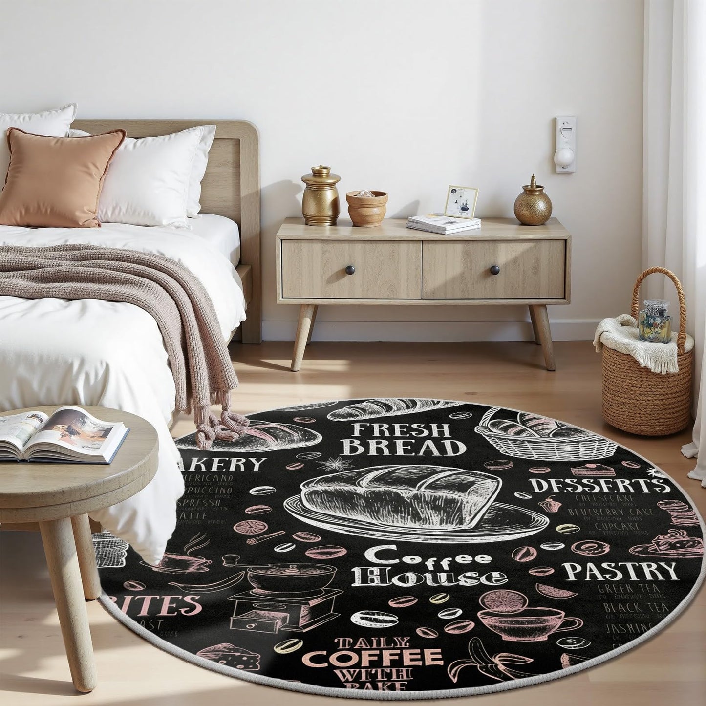 Egljss 5ft Round Rug Non Slip, Coffee Bean Bread Round Carpet for Living Room, Black and White Circle Area Rugs for Bedroom, Coffee Cup Circle Rug Washable for Dining Table Kitchen