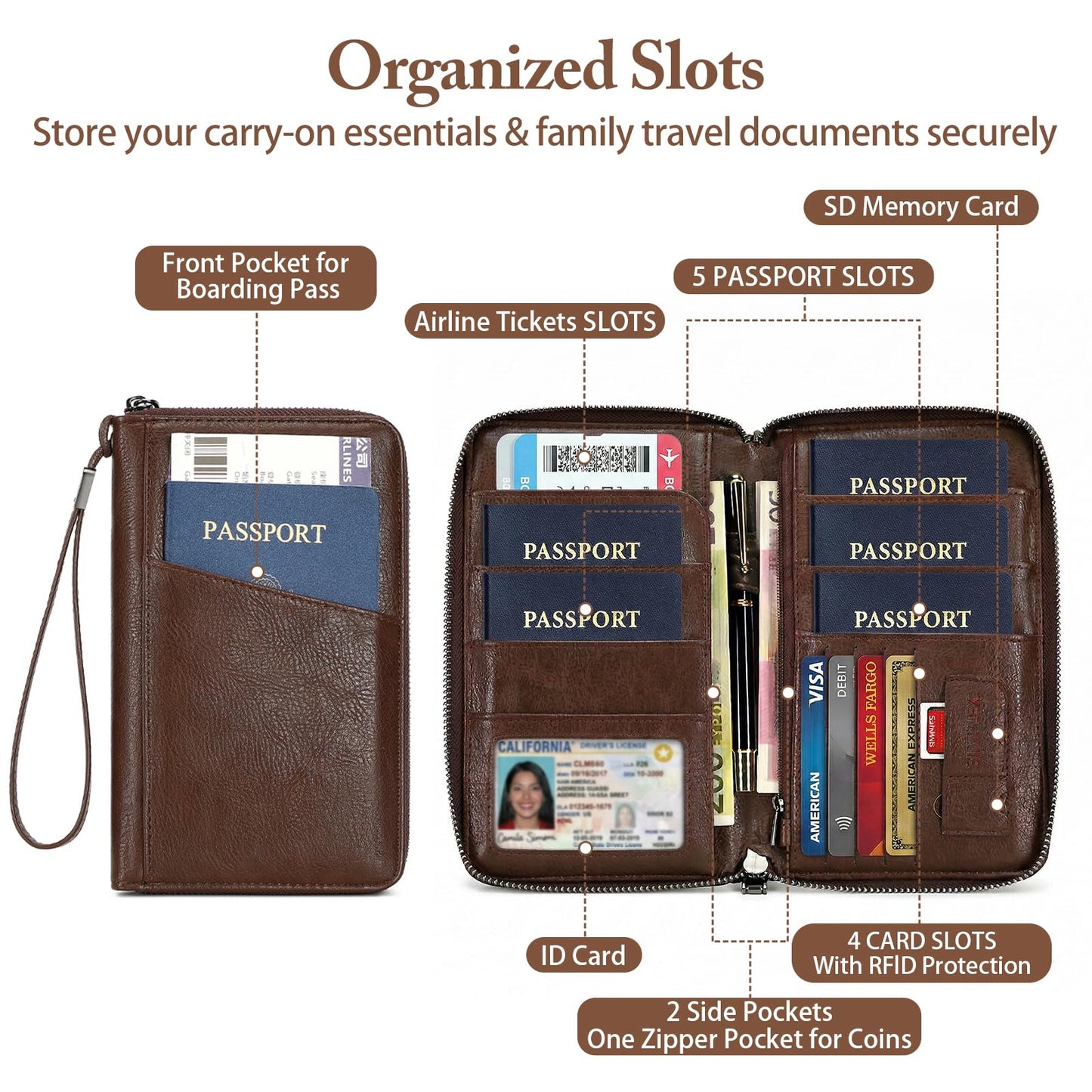 Family Passport Holder for Travel Women and Men RFID Passport Holder with Zipper Passport Case Passport cover Passport Wallet Travel Essentials and Accessories(Family,Coffee)