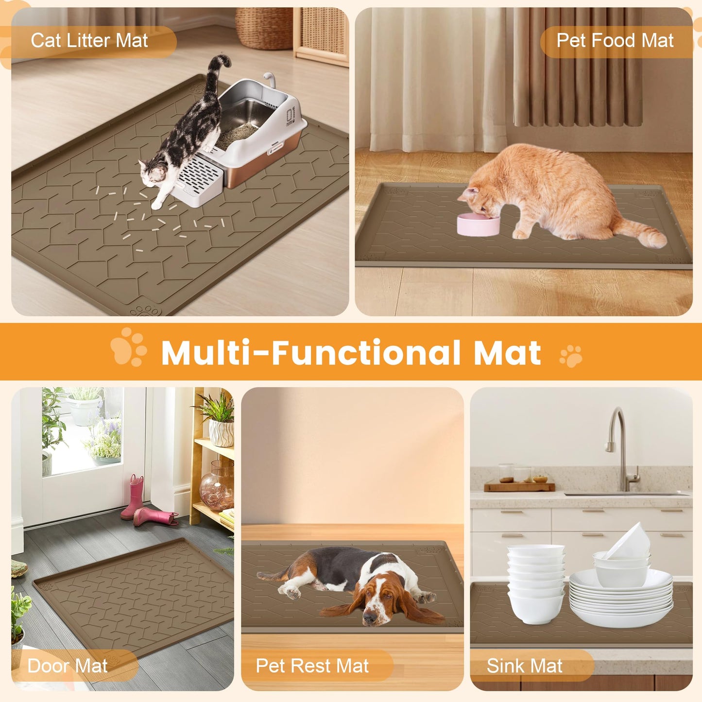 Motsamla Cat Litter Mat, Extra Large 40"x28" Silicone Mat for Litter Box, Waterproof & Non-Slip Rubber Mat with Lip, Litter Trapping & Scatter Control, Soft on Cat Paws, Urine-Proof Floor Protector