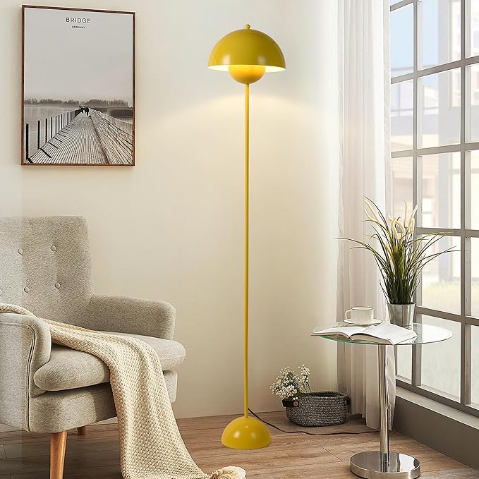 SUNLLOK Flower Pot Floor Lamp for Living Room, Metal Dome Lampshade Standing Floor Lamp with Foot Switch, Modern Reading Floor Light Fixture for Kitchen Island, Bedroom, Restaurant (Yellow)