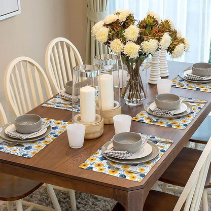 Yellow Blue Floral Linen Placemats Set of 4, Washable Heat Resistant Table Mats for Dining Table Kitchen Holiday Party Farmhouse, Gift for Floral Nature Lovers, Spring Home Decor, 12" x 18" Place Mats