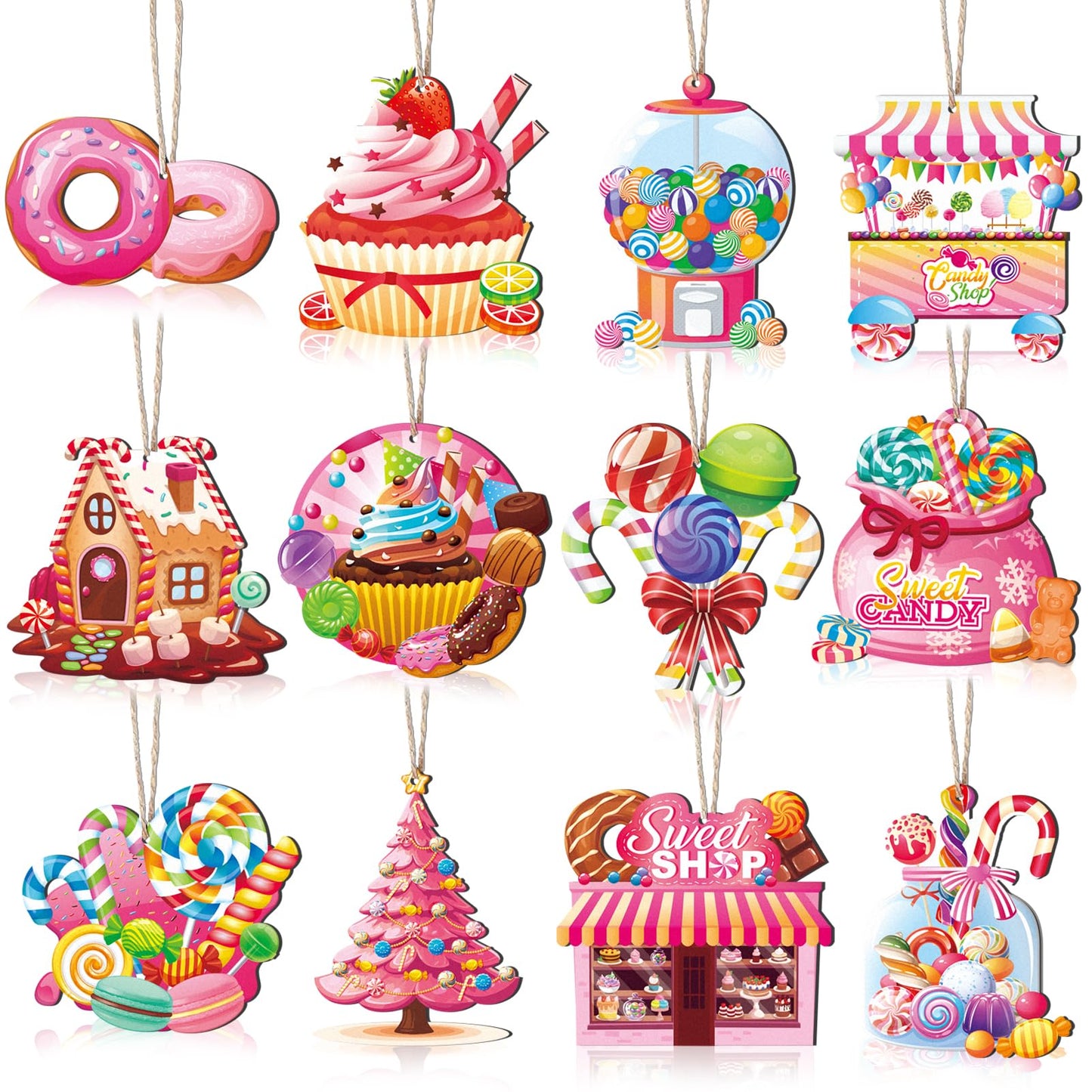 Qpout 36Pcs Candy Christmas Ornaments,Sweet Wooden Candyland Christmas Cane Cake Lollipop Hanging Decor for Xmas Tree Home Holiday Party Decorations Supplies