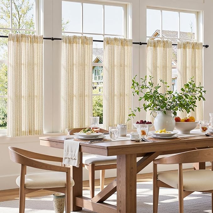 jinchan Striped Linen Kitchen Curtains 45 Inches Length Tier Curtains Farmhouse Modern Cafe Style Small Window Treatments Airy Light Filtering Rod Pocket for Living Room Bathroom 2 Panels Beige