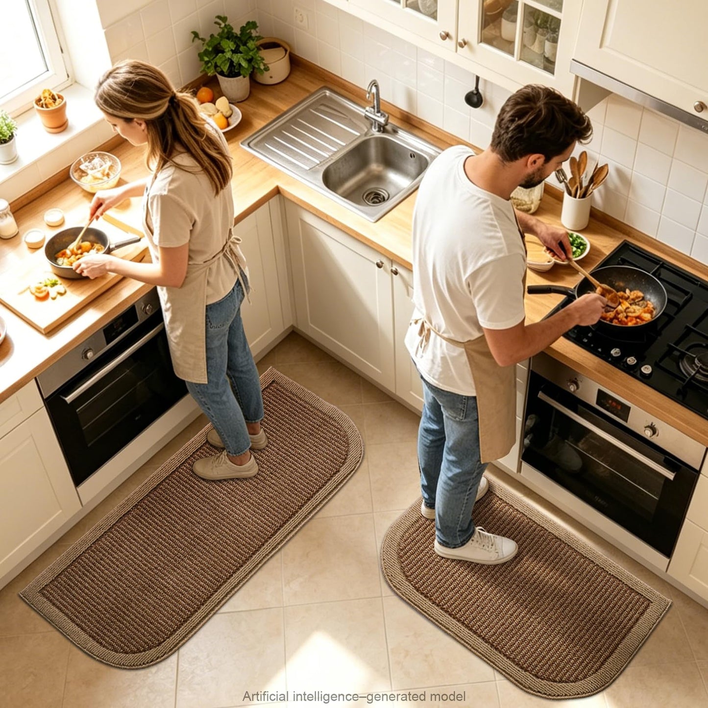 IGTXJORH Kitchen Rugs Set of 2, Non Slip Absorbent Washable Floor Mats Kitchen Runner Rugs, Half Moon Standing Runner Rug for Kitchen Sink and Laundry, 20"x32" + 20"x48", Brown