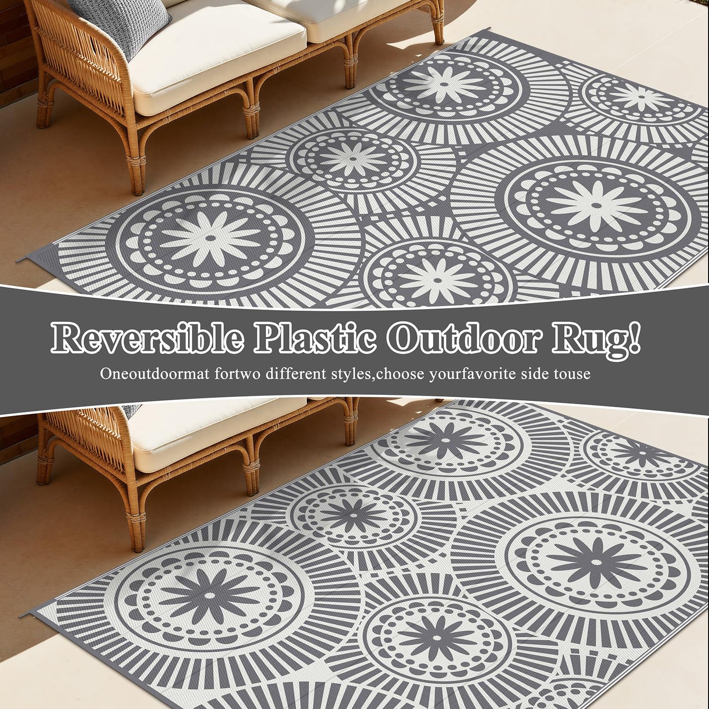 Ileading Outdoor Patio Rug Waterproof, Reversible Plastic Straw Mat, Grey Geometric Outside Carpet Quick Dry, Portable Area Rug for Deck Porch Balcony Camping RV (6×9 ft)