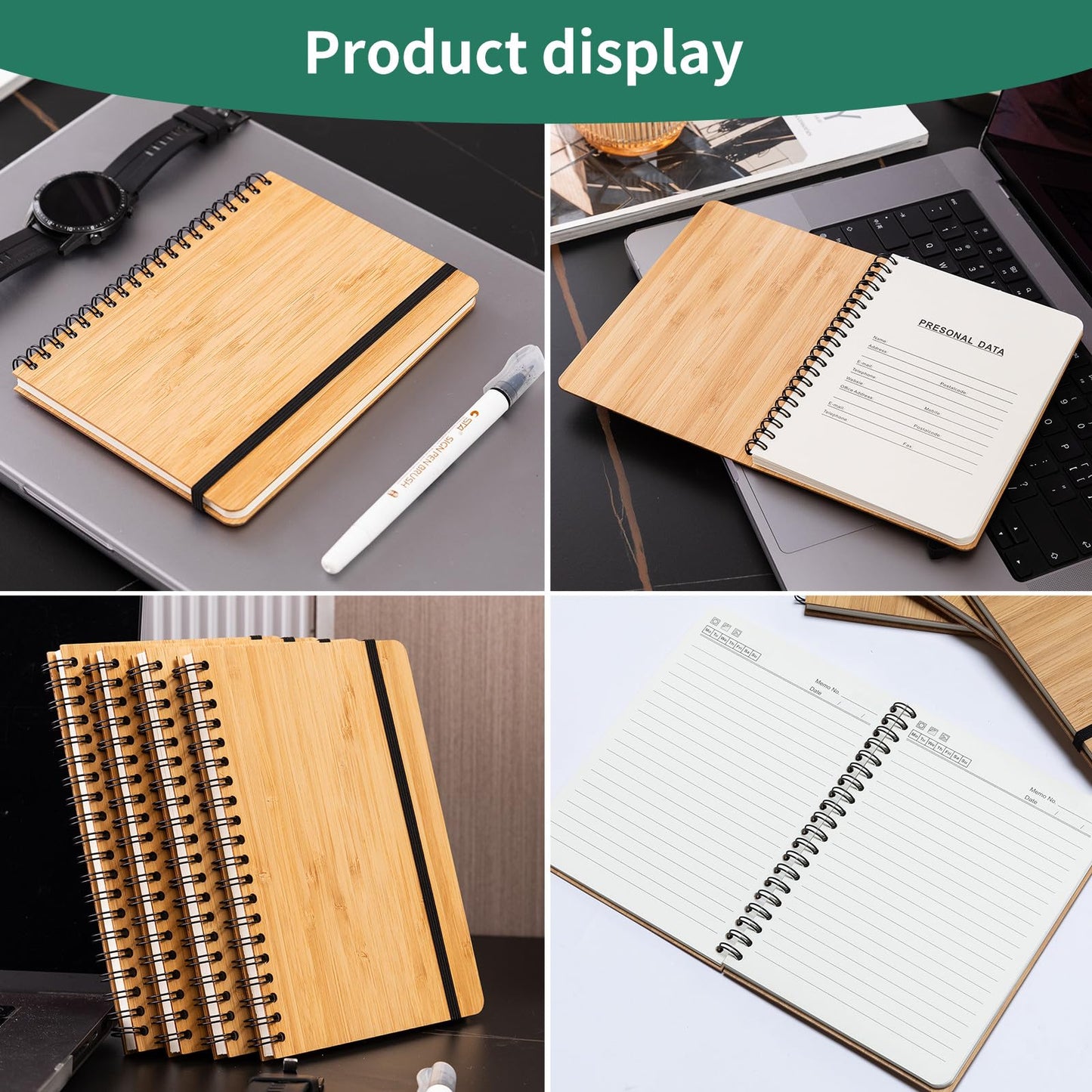 CWUINT 4 Packs Lined Bamboo Notebook Journals, Wooden Notebooks 80 Pages, 5" * 7" Hardcover Notebook College Thick Paper Notebook, Journaling Notebook for Work Women Men School