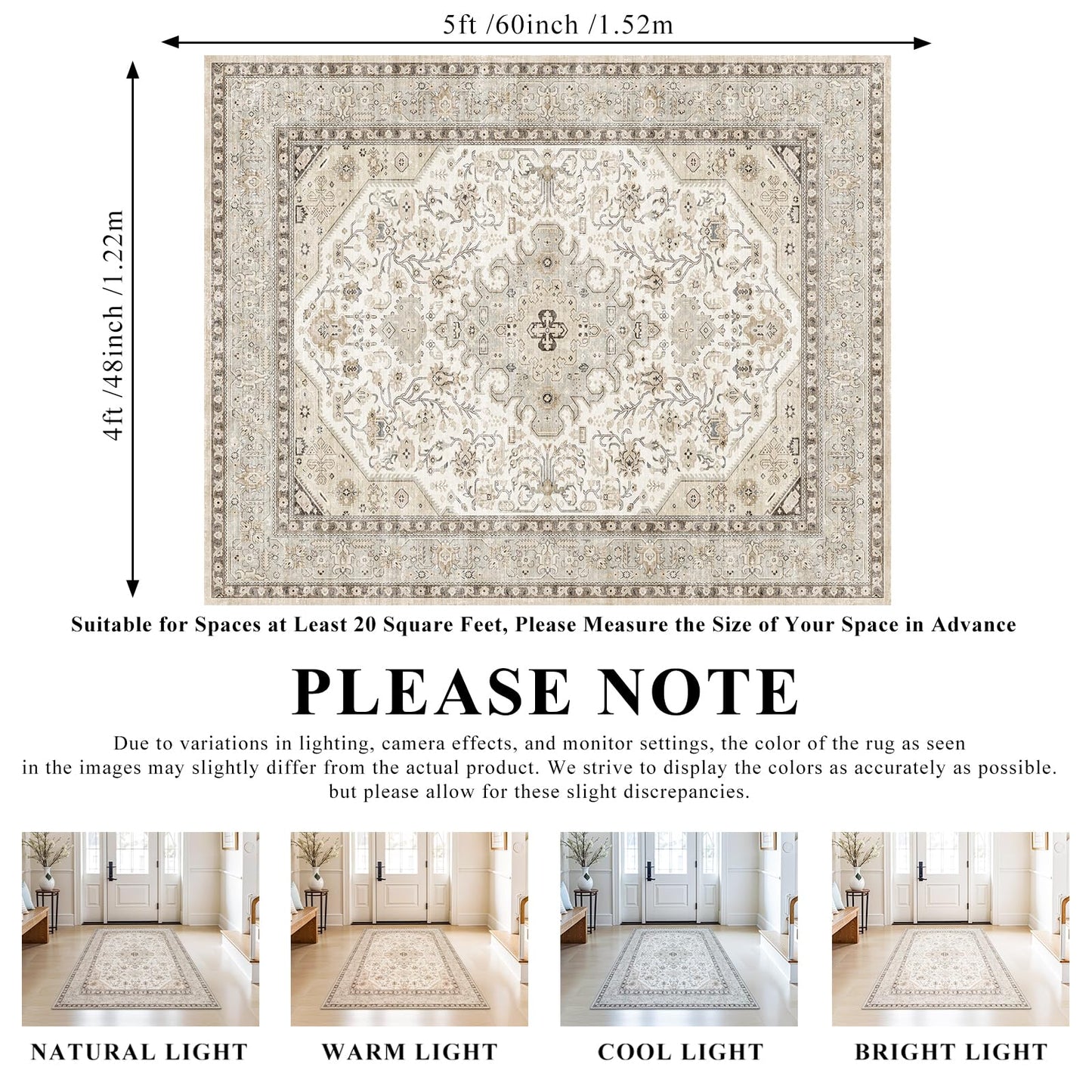 HILORUUG 4x5 Rug Entryway Washable: Non-Slip Oriental Area Rug for Bathroom Kitchen- Farmhouse Low Pile Stain Resistant Carpet Long Thin Front Door Mat (4x5 Ivory/Grey/Multi)