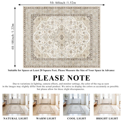 HILORUUG 4x5 Rug Entryway Washable: Non-Slip Oriental Area Rug for Bathroom Kitchen- Farmhouse Low Pile Stain Resistant Carpet Long Thin Front Door Mat (4x5 Ivory/Grey/Multi)