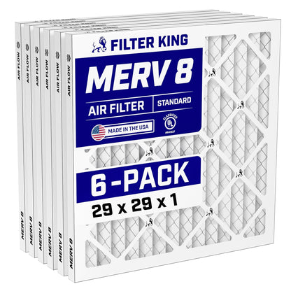 Filter King 29x29x1 Air Filter (MERV 8) (6-Pack) Dust & Allergy Control AC Furnace Filters, MADE IN USA, HVAC, Pleated, Electrostatic (Actual Size: 28.5 x 28.5 x .75)