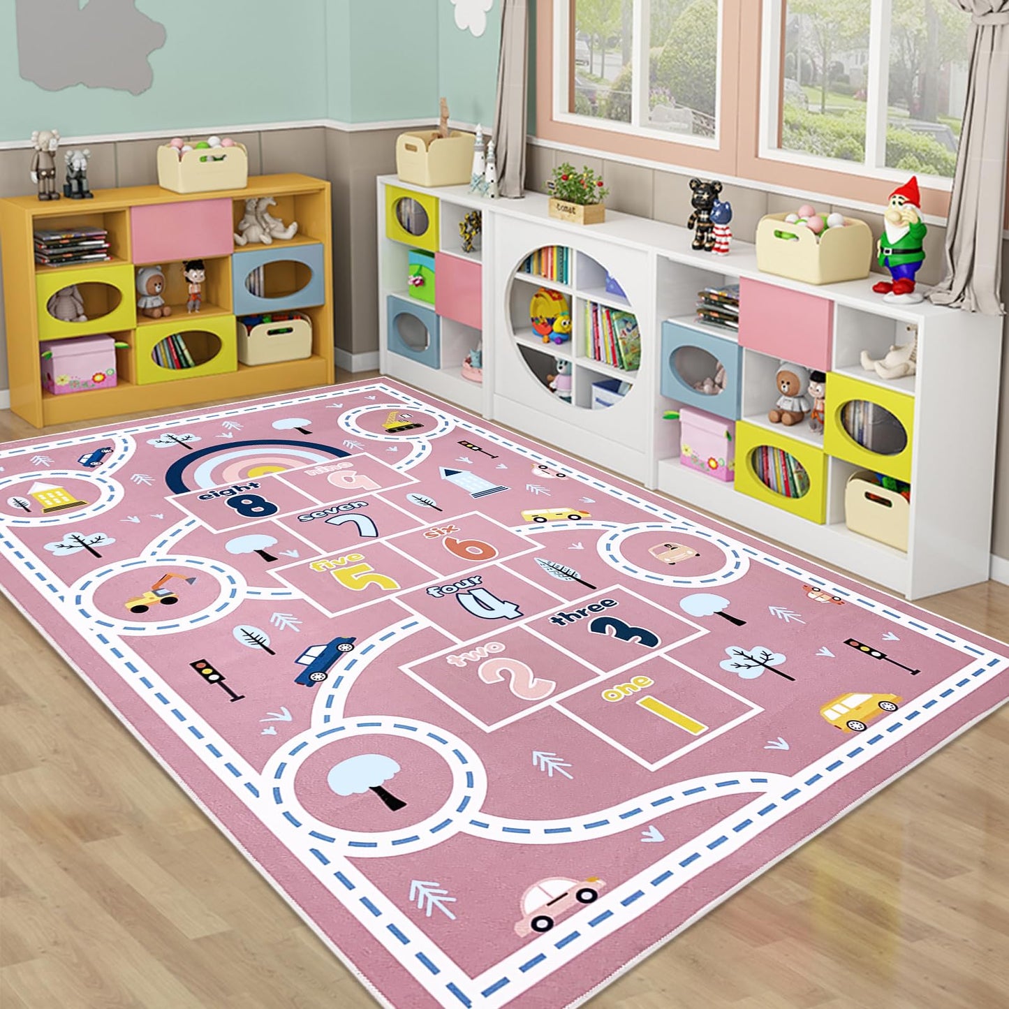 Abeigoi Play Mat Area Rug 5'x8' Pink, Extra Large Hopscotch Carpet for Kids Girls Bedroom Soft Classroom Rug Educational Learning Rug Children Rug