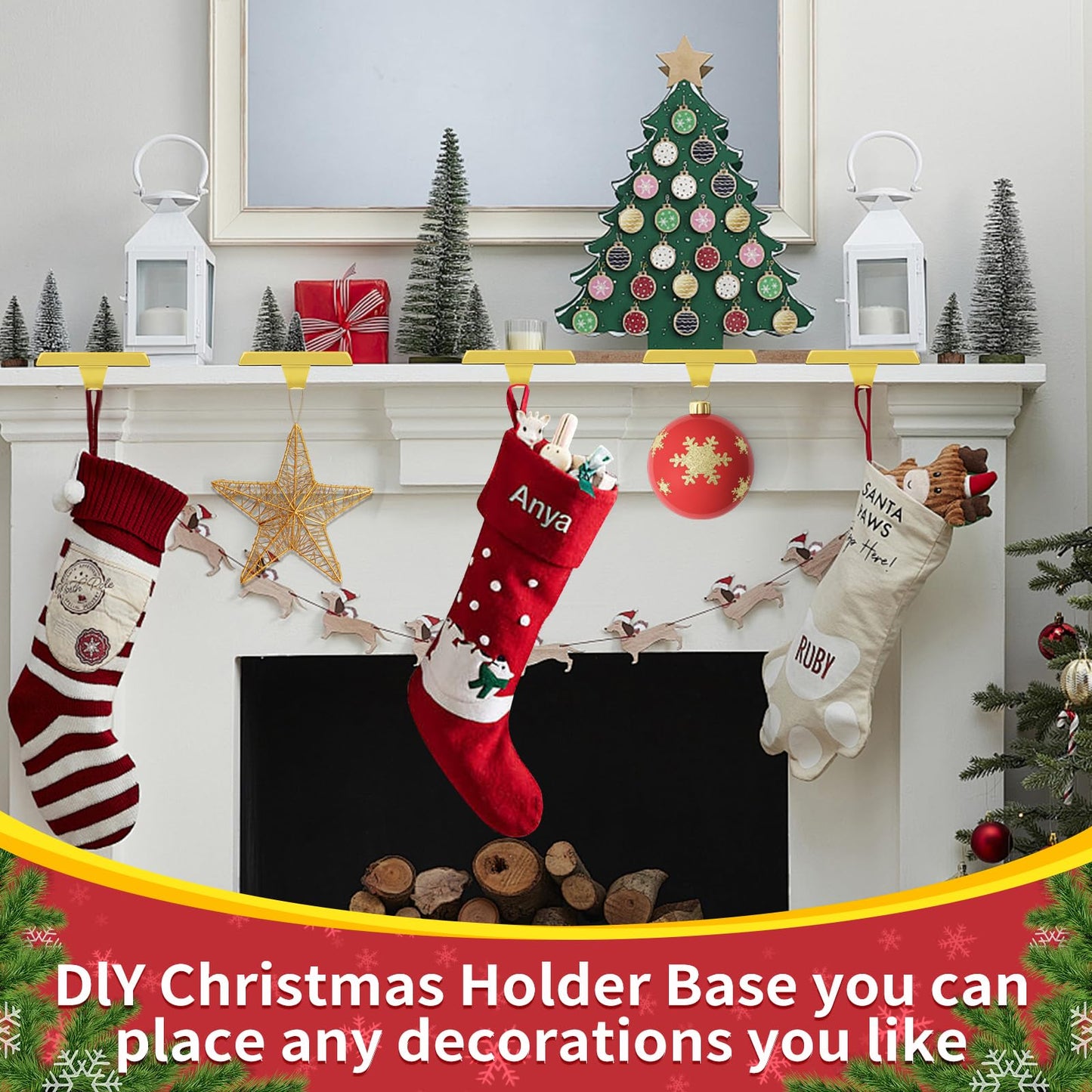 Oleitodh 8 Pack Metal Gold Christmas Stocking Holders for Mantle Heavy Duty Stocking Hangers Stocking Hook Christmas Ornaments for Counter Tables Window Fireplace Mantle Decoration
