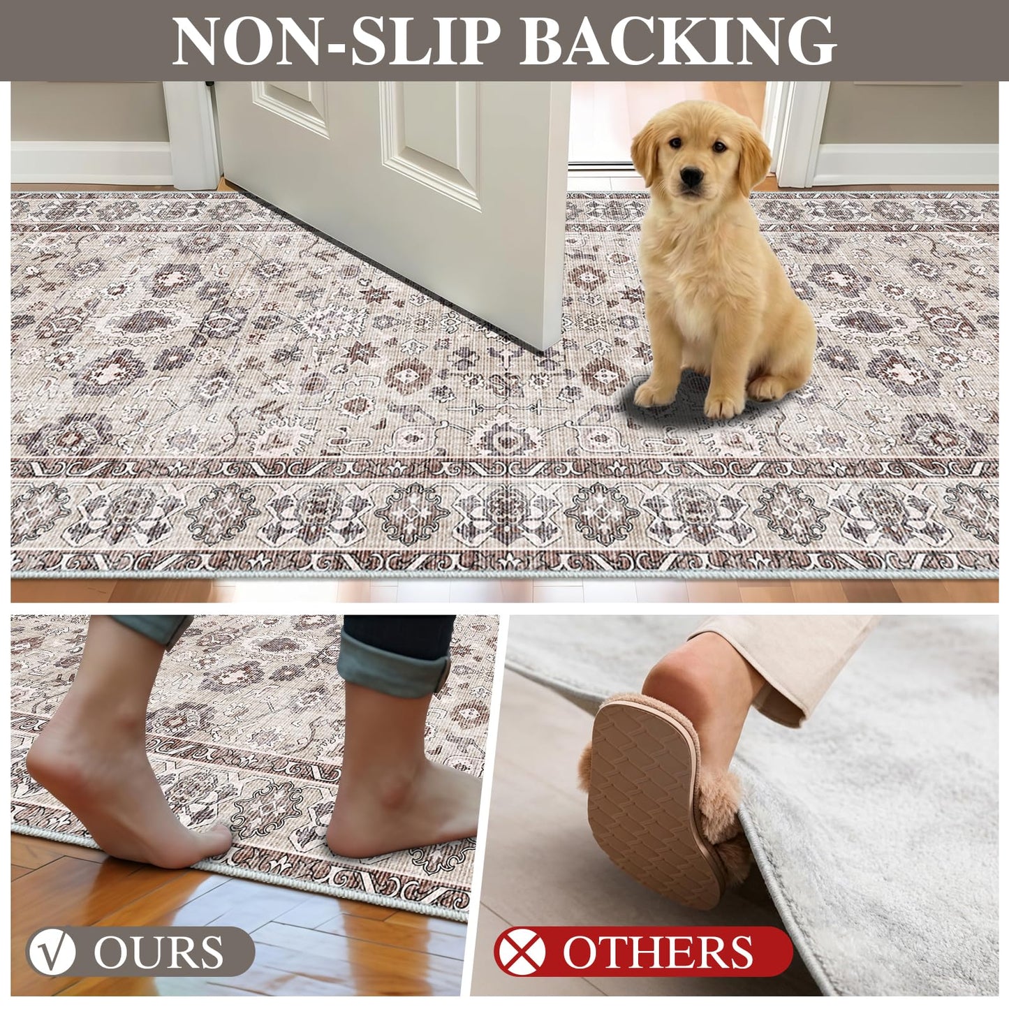 Washable 3x3 Square Rug for Entry Bathroom Kitchen Bedroom Carpet - Non Slip Stain Resistant Low Pile Soft Door mat - Protect Hardwood and Laminate Flooring Floral Farmhouse Decor 3x3 Beige