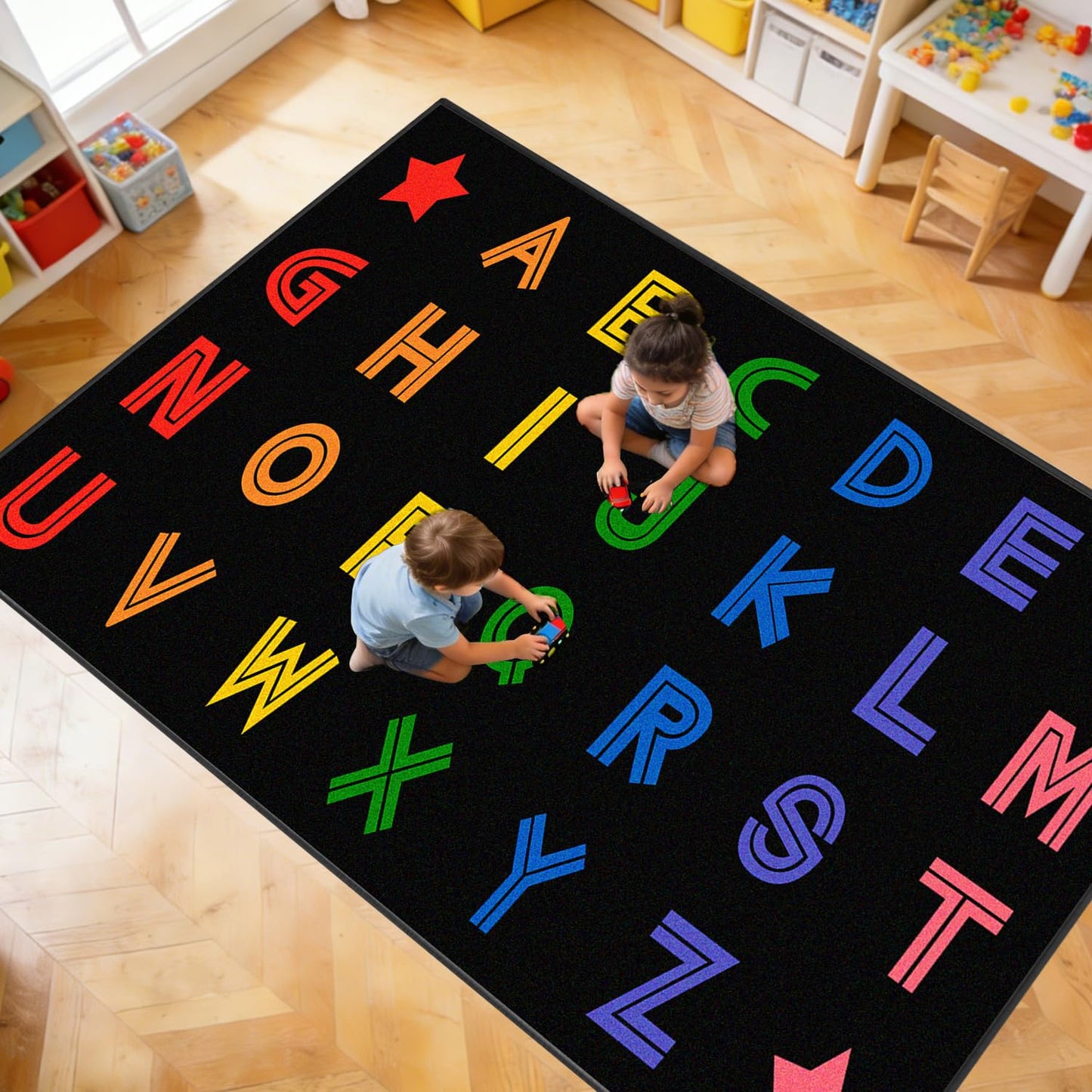 MAISONRINA Large Classroom Rugs Elementary 13'x7'7'', Black Alphabet Rug Classroom Carpet for Kids, Circle Time Carpet Educational Rugs for Daycare Preschool Kindergarten Playroom, Seats 28