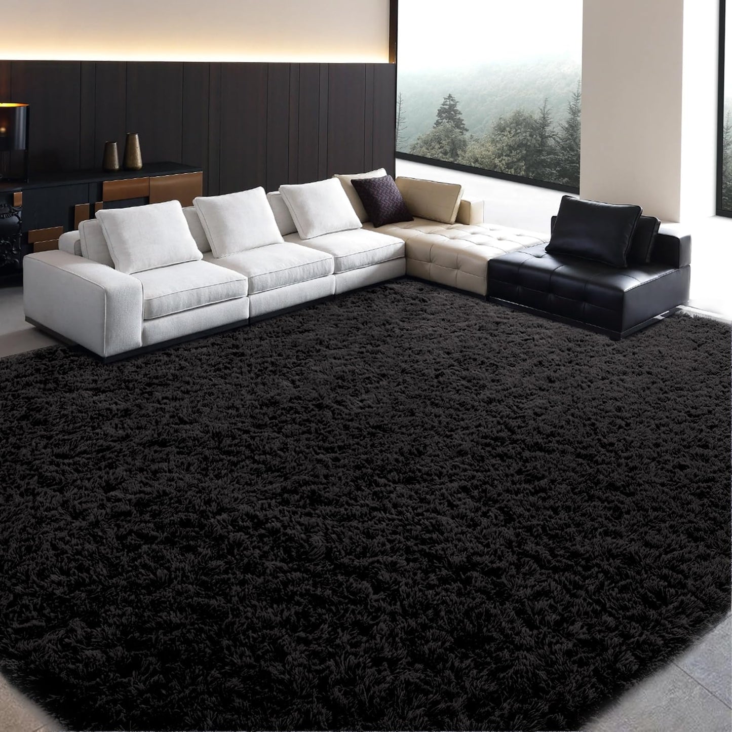 HOMBYS Fluffy Area Rug 12x15 ft for Living Room, Large Soft Shaggy Faux Fur Carpet for Bedroom, Non-Skid Plush Fuzzy Rug for Kids Playroom Home Decor, Black