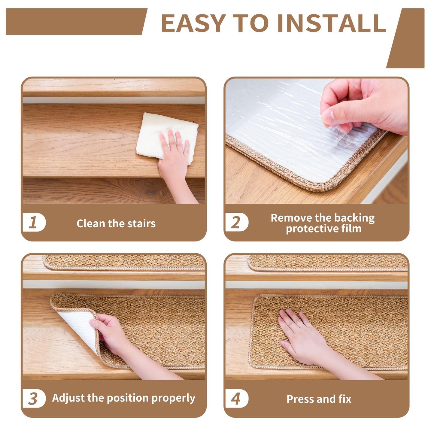 DONJOP 9x30 Inch Stair Treads for Wooden Steps Indoor(15-Pack) – Non Slip Adhesive Peel and Stick Carpet Stair Treads, Washable & Reusable Stair Runner Rugs for Kids Elders and Pets-Beige