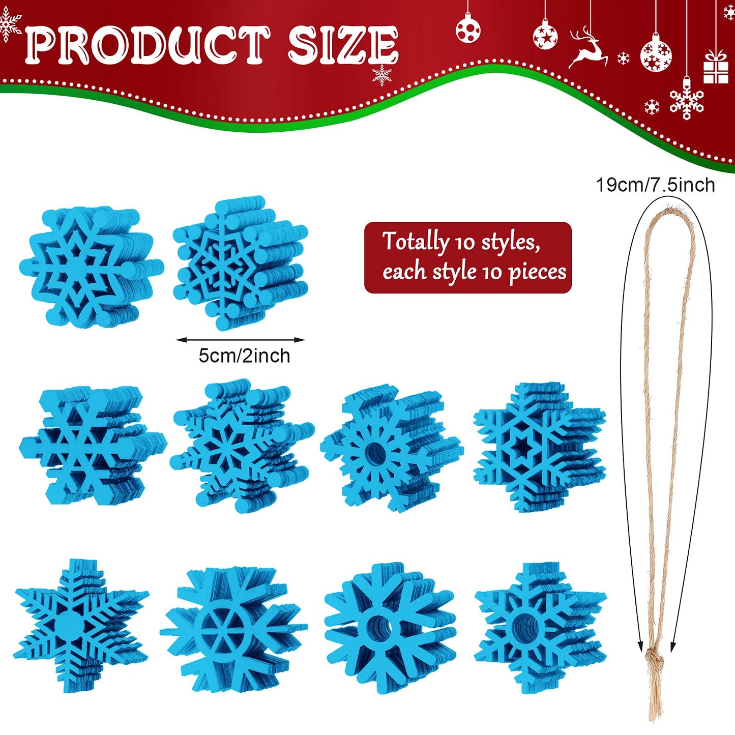 100 Pcs Christmas Unfinished Wooden Snowflake Ornaments Snowflake Hanging Cutouts Blank Wood Slices with Cord Craft Embellishments for Xmas Tree Decorations (Blue,2 Inches)