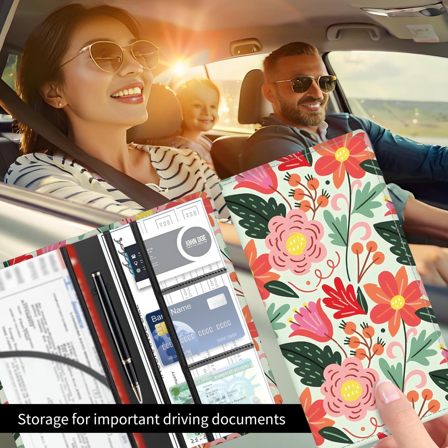 BAUCIWLD Premium Car Registration and Insurance Card Holder, Cute PU Leather Car Document Holder, Vehicle Glove Box Car Organizer with Magnetic Closure for Driver License, Cards Bright Exotic Floral