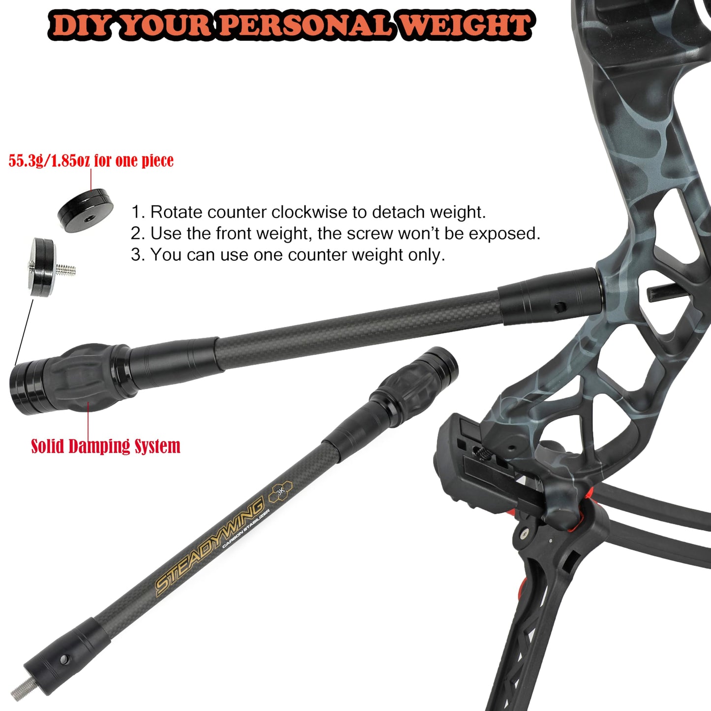 ZSHJGJR Archery Bow Stabilizer 6" 8" 10" 12" 15" for Compound Bow, Carbon Fiber Body Flexible Core, Damping System and Weights Kit (6 Inch)