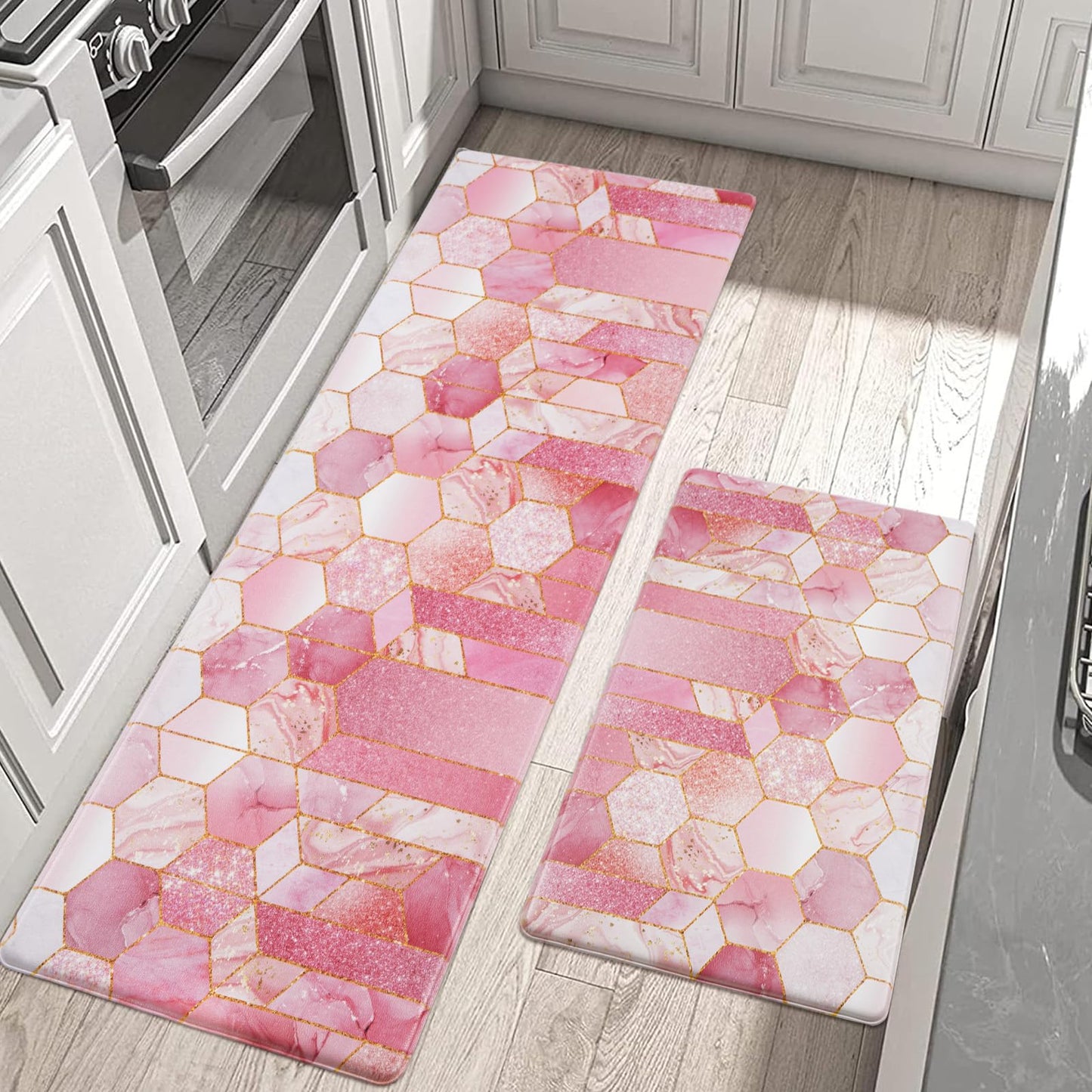 Likiyol Marble Kitchen Rugs Set of 2 Kitchen Mats for Floor Anti Fatigue Mats for Kitchen Floor, Pink Ombre Kitchen Rugs Non Slip Washable Comfort Standing Kitchen Decor Mat, 18'' x 48'' + 18'' x 30''