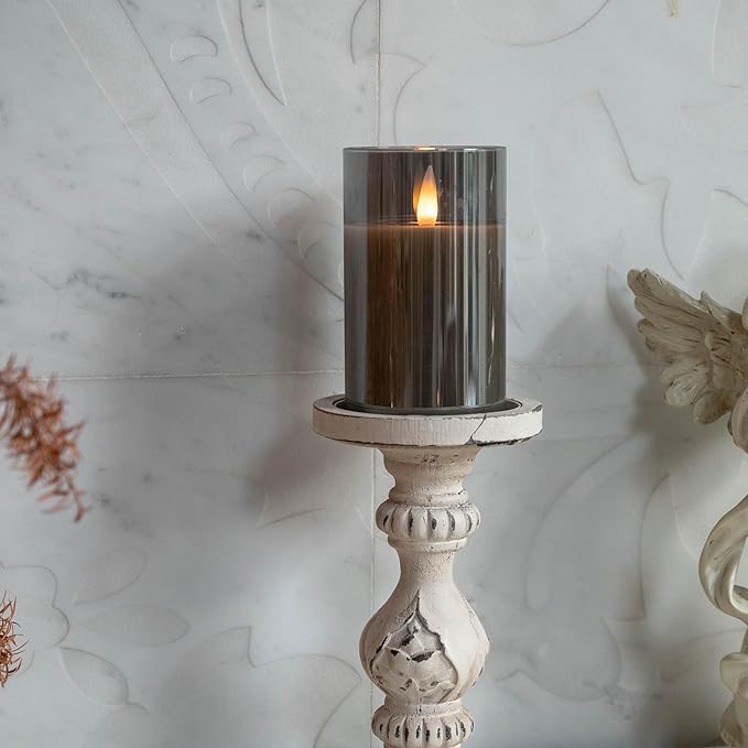 Glass Flameless Pillar Candles Flickering with Remote Timer, Battery Operated LED 3D Moving Flame Real Wax Candles,Remote Included (Gray)