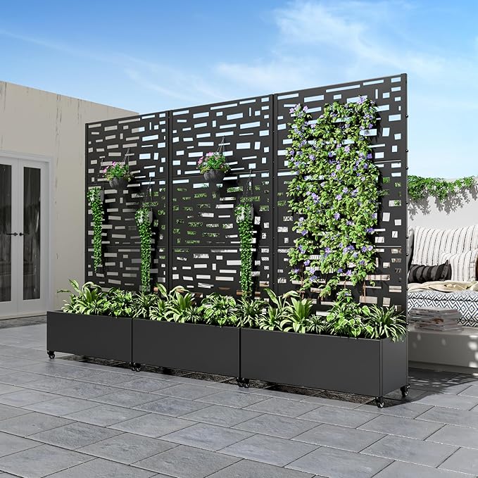 Casaphoria Metal Raised Garden Bed with Trellis and Wheels, 72"x35"x16" Planter Box for Climbing Plants, Vegetables & Vines, Features Drainage Holes and Privacy Screen (Black-Gerald)