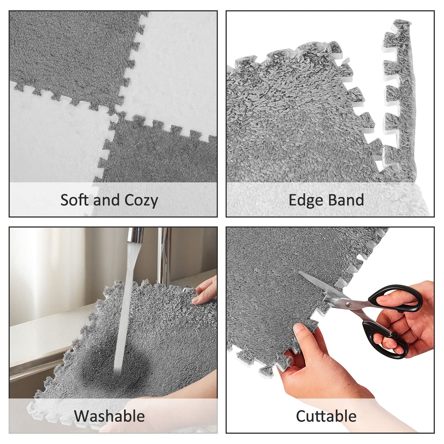 Nuanchu 32 Pcs Plush Foam Interlocking Floor Mat Climbing Area Rugs 11.8 x 11.8 Inch Square Soft Fluffy Tiles with Border Play Mat Flooring Tiles for Home Playroom Decoration (White, Gray)