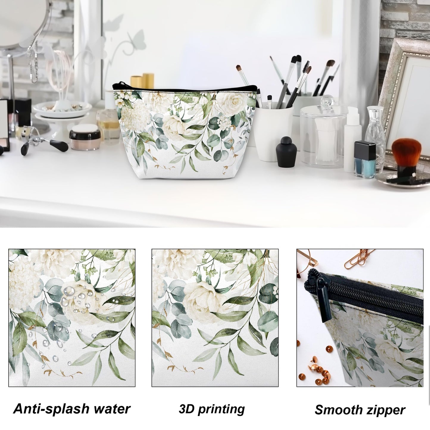 DEMACYA White Flowers Green Leaves Makeup Bag for Purse, Waterproof Funny Cosmetic Bag for Women, Zipper Travel Toiletry Pouch Gift 9.5×5.9 Inch