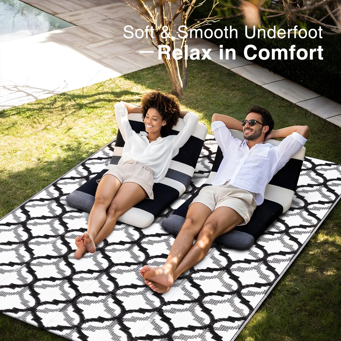 OLANLY Reversible Outdoor Rug 5x8 ft Clearance, Waterproof Outdoor Plastic Straw Rug with Interlacing Pattern, RV Mat for Patio, Camping, Balcony, Deck, Backyard, Black & White