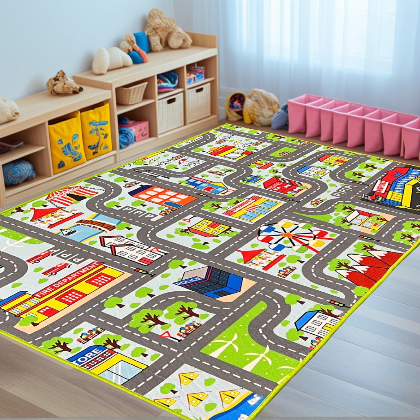 HBUFBUQ Car Rug 2.6x5 Feet - Road Carpet with Buildings & Supermarket Kids Play Rug for Plyroom City Rugs for Kids Play Activity