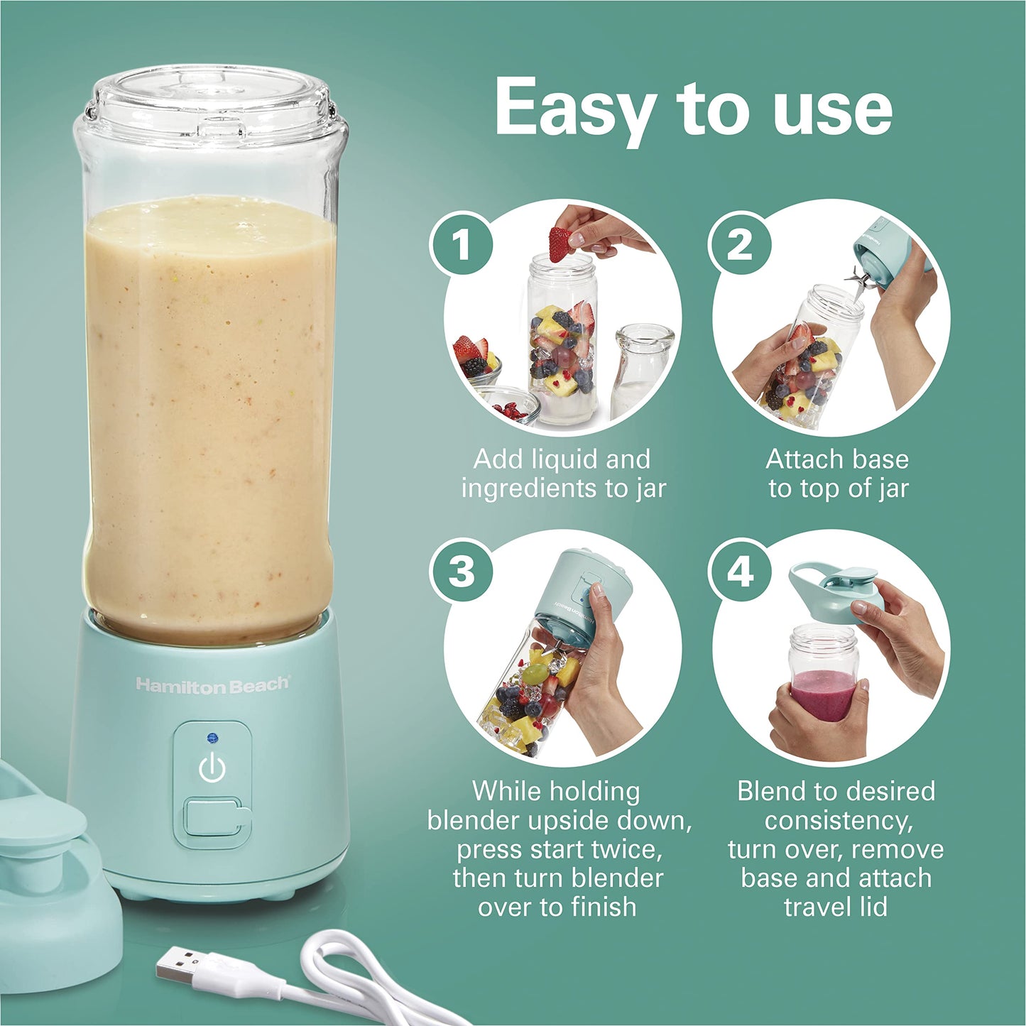 Hamilton Beach Mini Cordless Portable Personal Blender for Shakes and Smoothies, USB Rechargeable, 16 oz. Jar with Leakproof Travel Lid, 6 Stainless Steel Blades, Pink (51181)