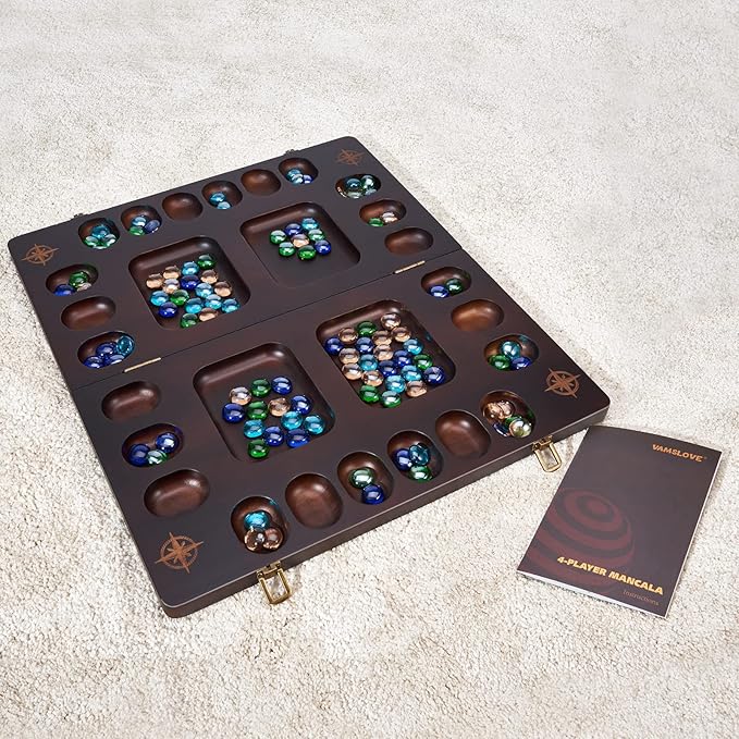 VAMSLOVE Mancala 4 Player Board Game Set Luxury Solid Wood Folding Mancala Board 96+12 Bonus Multi Color Glass Stone Beads Game Instructions Included