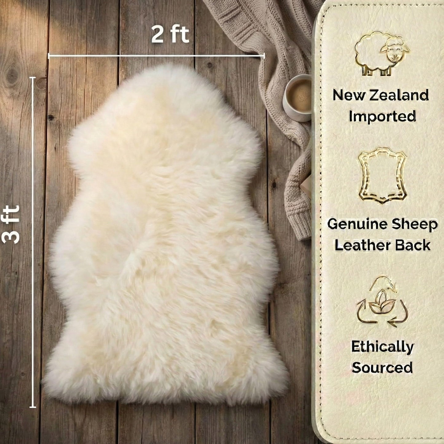 Woolous Sheepskin Rug, Genuine Sheep Skin Chair Throw 2x3 ft Ivory