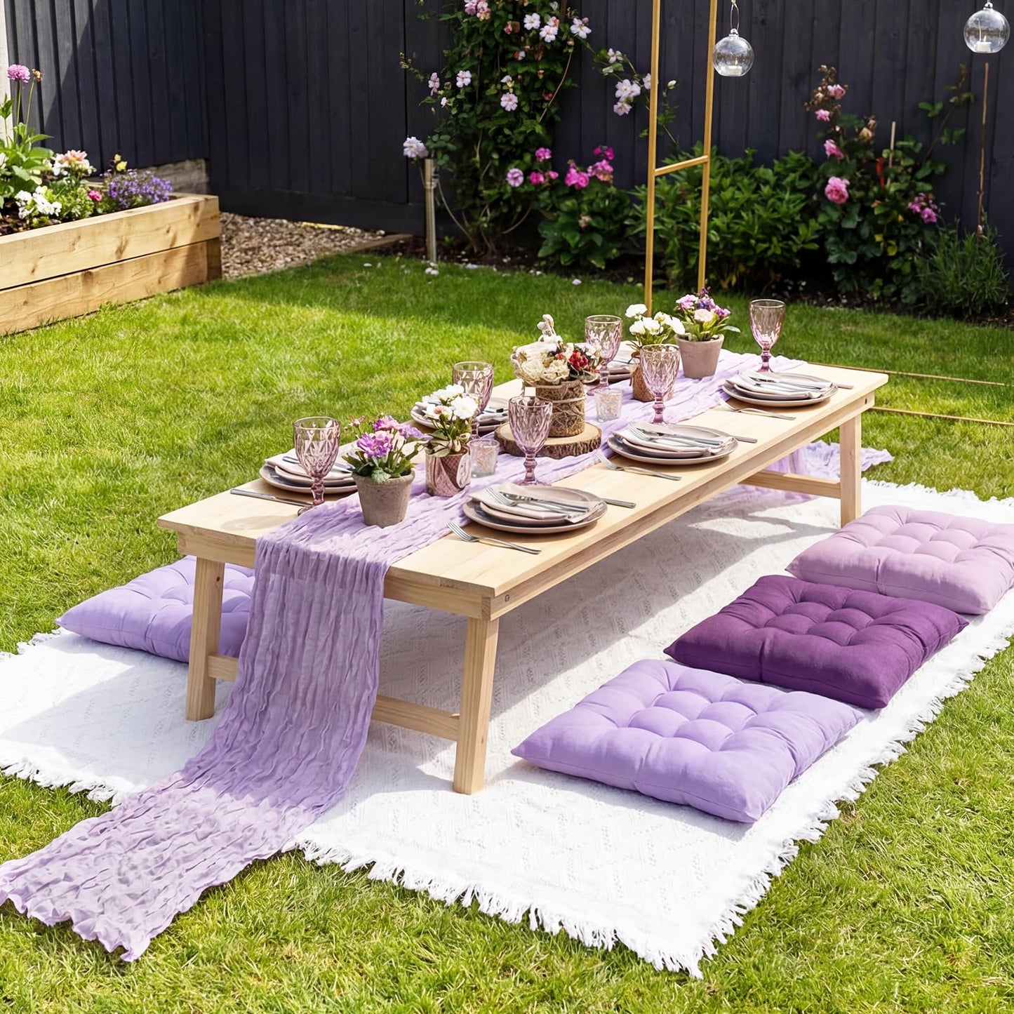 Hillsuren 8 Pcs Fit for 6 People 91 x 71'' Extra Large Outdoor Picnic Blanket with Purple Table Runner and Floor Pillow Cushion Fit for 6 People Picnic Wedding Birthday Baby Shower Backyard Decor