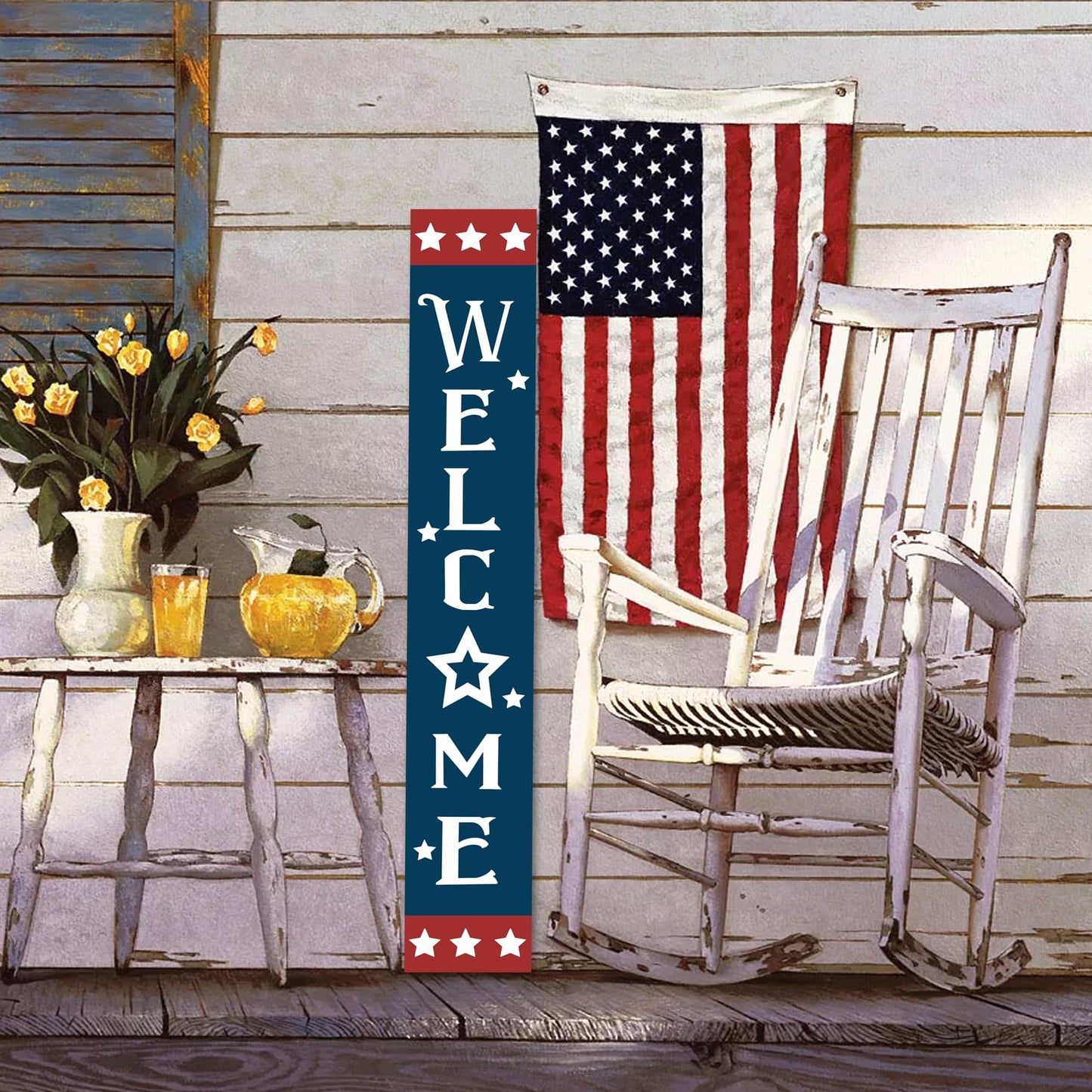 Patriotic Wooden Porch Sign 47" 4th of July Independence Day Large Welcome Sign Memorial Day Vertical Indoor Outdoor Standing Sign For Garden Home Yard Farmhouse