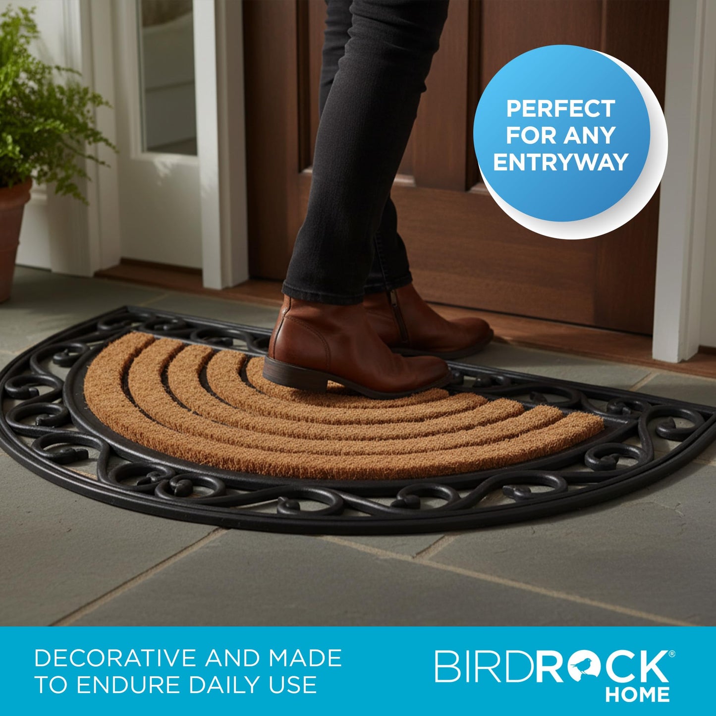 BIRDROCK HOME 18 x 30 Half Round Natural Coir and Rubber Doormat with Scroll Border | Natural Fibers | Outdoor Doormat | Keeps Your Floors Clean | Decorative Design | Brush Coir