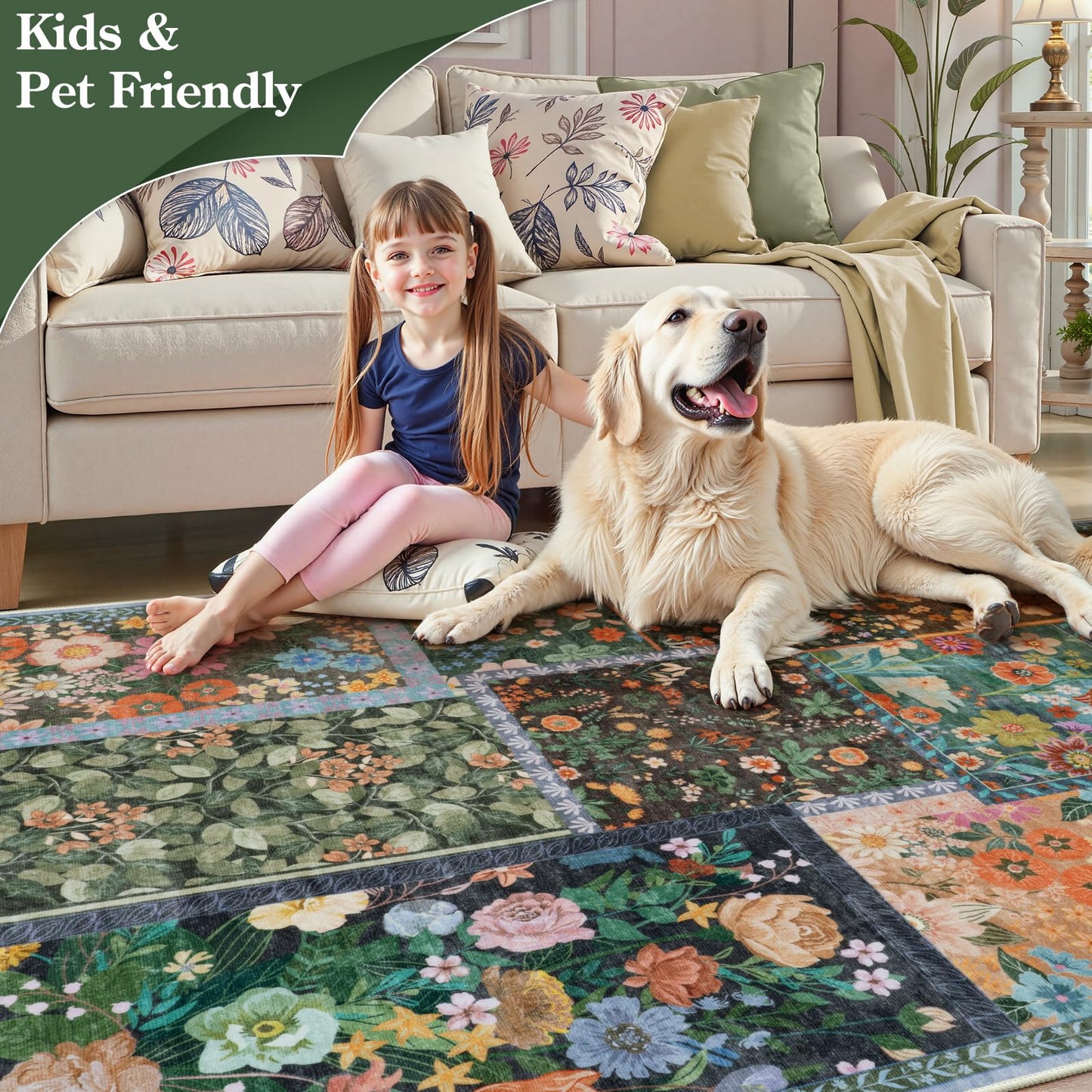 LIVEBOX 5x7 Washable Rug for Living Room, Soft Patchwork Dark Brown Rugs for Bedroom, Non Slip Ultra Thin Rug Botanical Stain Resistant Floor Carpet for Dining Room Home Office