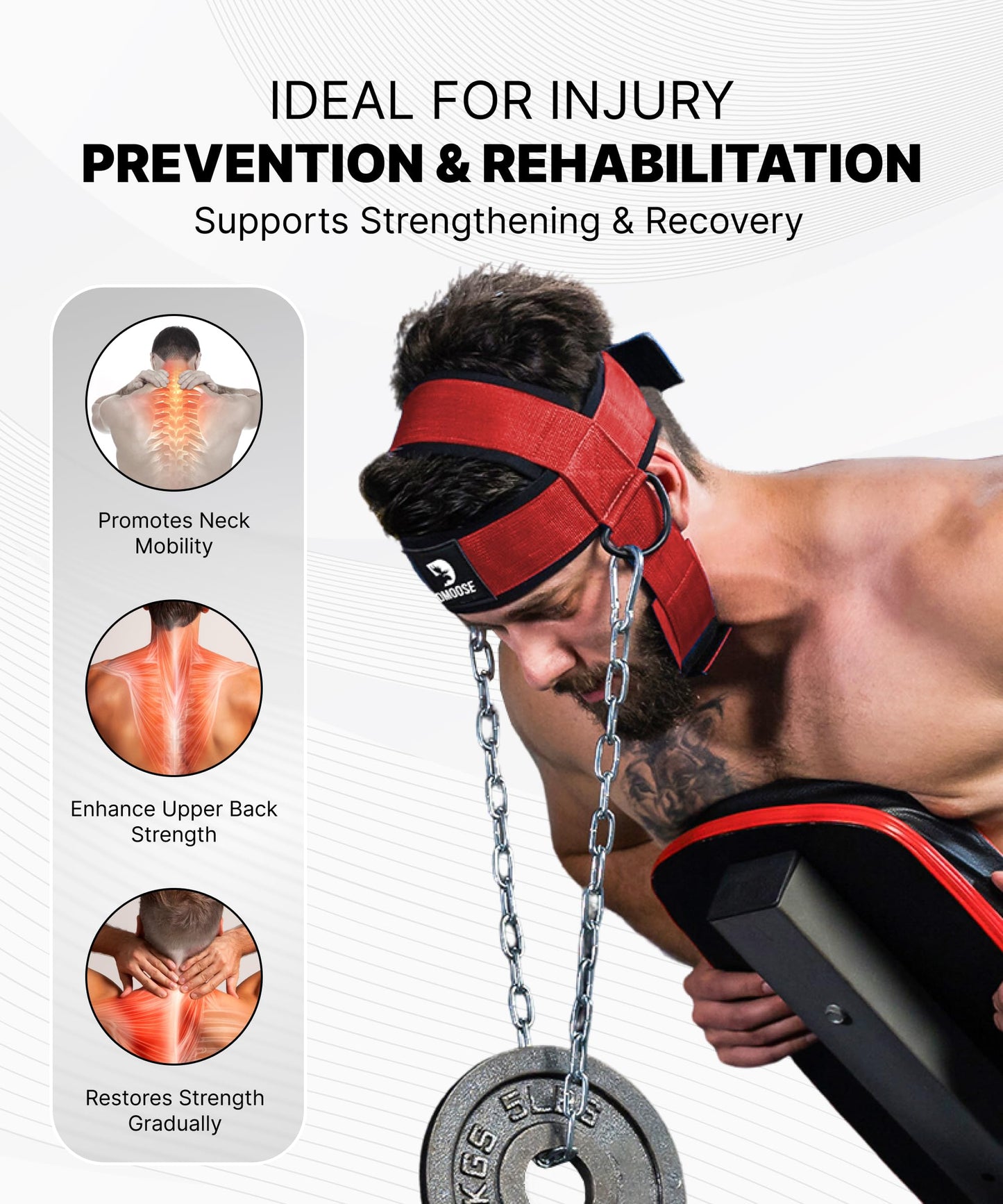 DMoose Fitness Neck Harness for Weight Lifting - Soft Padded Head & Chin Strap with 30" Heavy Duty Steel Chain - Neck Exerciser, Trainer & Strengthener to Support Injury Recovery (Red)