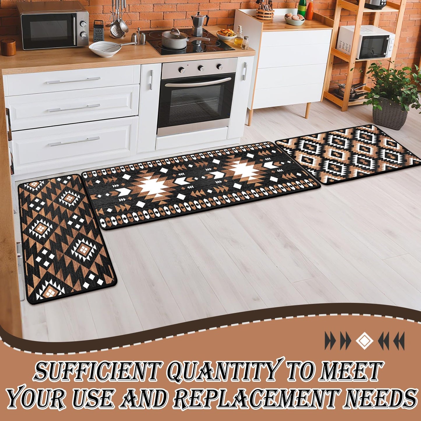 Drydiet 3 Pcs Aztec Western Kitchen Rugs and Mats Set Boho Farmhouse Non Slip Rug Geometric Waterproof Floor Mat Aztec Western Decor for Kitchen Home Entryway Bar Office Bathroom Door Party Decor
