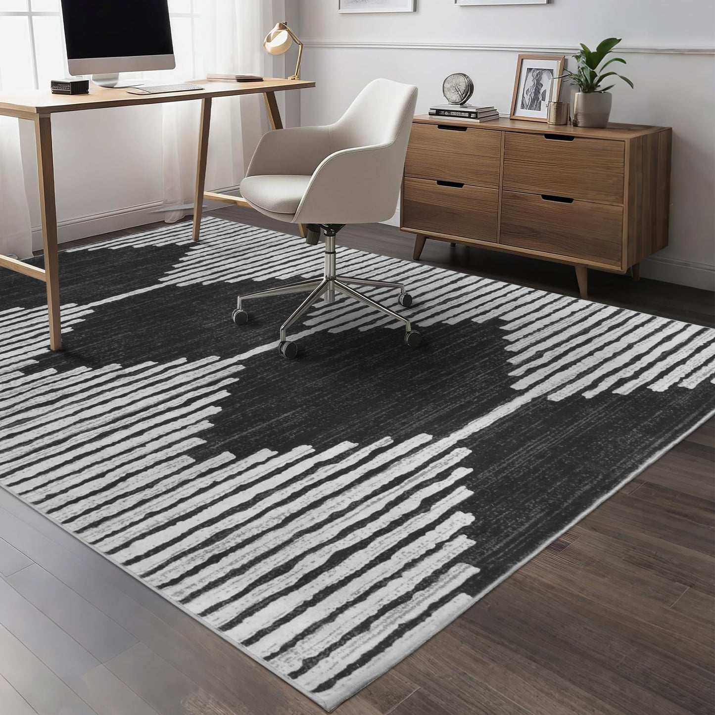 HelloTree Area Rug for Living Room Washable Geometric Moroccan Rug Stripe Farmhouse Bohemian Minimalistic Non Slip Non Shedding Ultra Thin Soft Rug for Bedroom Office DiningRoom Nursery-Black 5'x7'