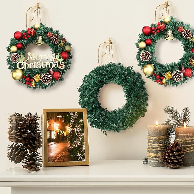 Zeyune Christmas DIY Green Wreath 14 Inch Artificial Christmas Wreaths Faux Plain Wreaths for Decorating Front Door Window Room Farmhouse Xmas Party Indoor Outdoor(Classic,8 Pcs)