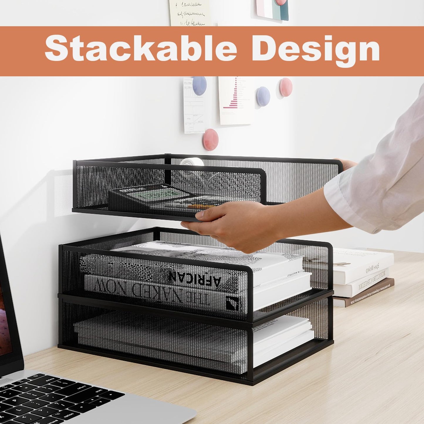 Natwind 3 Tier Stackable Paper Trays for Letter Documents, Desktop File Organizers for Office Supplies, Metal Mesh Desk Organizer，Office Organizer，Letter Trays for Home, Office, School，Black