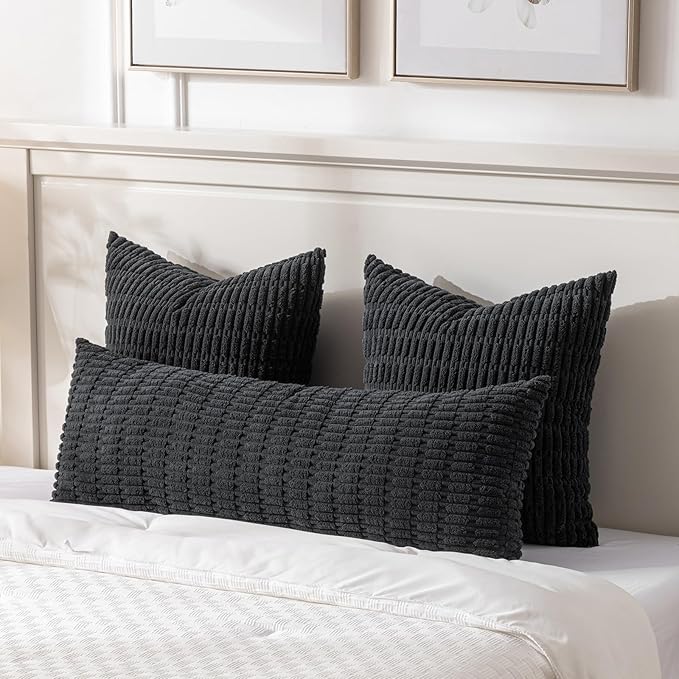 Fancy Homi Black Long Body Lumbar Decorative Throw Pillow Covers 20x54 Inch for Bed Couch Bedroom Bench, Soft Corduroy Rectangle Solid Pillow Case, Rustic Farmhouse Boho Room Decor